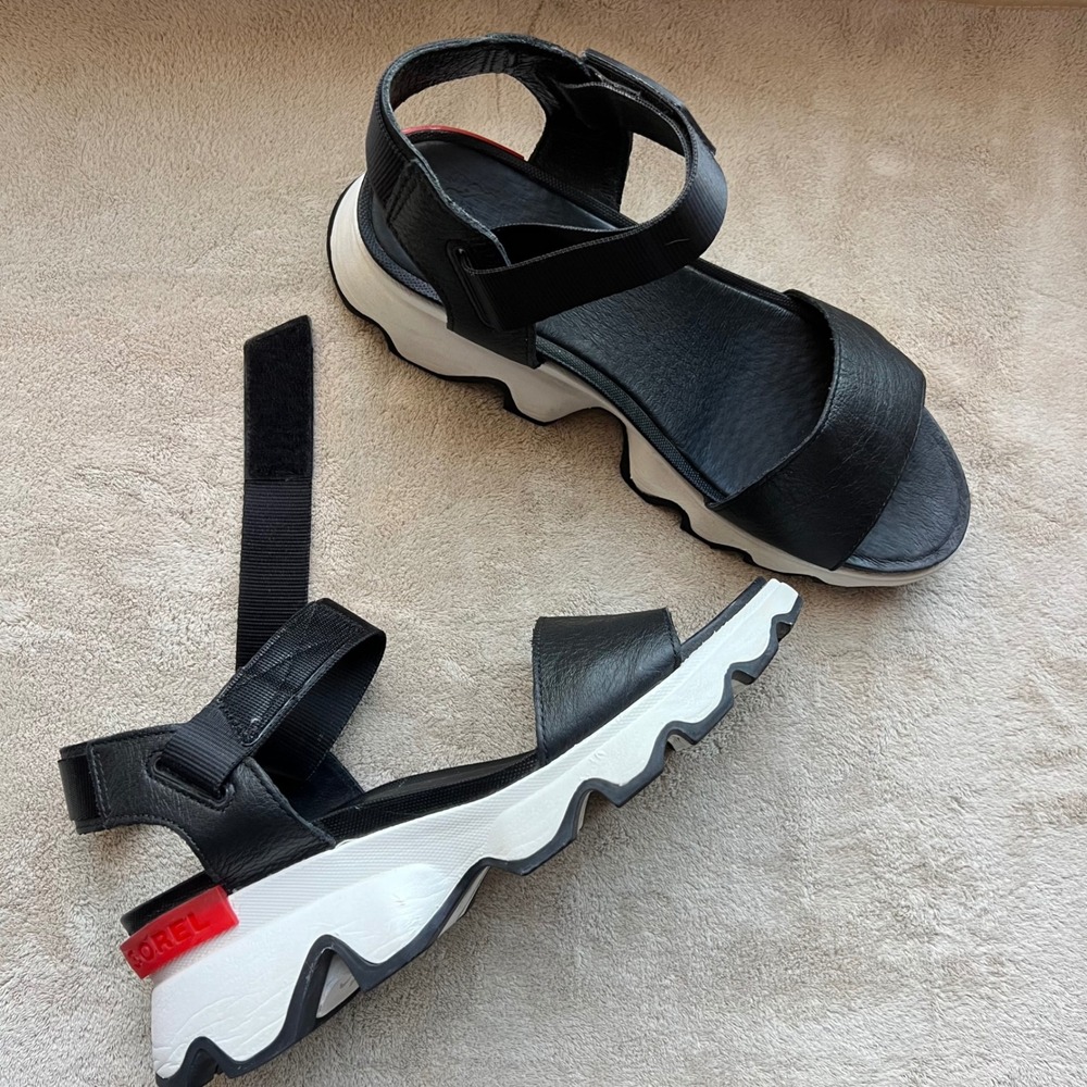 Sorel Black and White Platform Sport Sandals with Red Accent - Picture 4 of 15